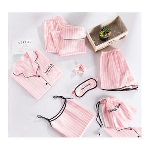 Home Clothing Pink Striped Pajamas Silk Satin Femme Pajama Set 7 Pieces/Set Stitch Lingerie Robe Pyjamas Women Sleepwear Mom Pjs Kpa Dh4Cr