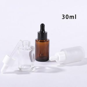 1 oz açık buzlu amber cam essense şişeleri 30ml düz omuz kozmetik ambalajı siyah beyaz kapaklar