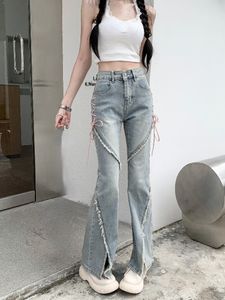Pantaloni da donna s 2023 Estate Kawaii Sweet Flare Femminile Slim francese Vintage Jeans a vita alta Design Casual Corea Moda Pantaloni in denim Donna 230322