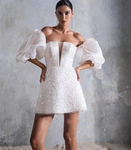 Glitter A Line Short Wedding Dress 2023 Puff Short Sleeves Mini Mini Sexy Sparkly Sequened Women Bride Party Dons Robe de Soiree
