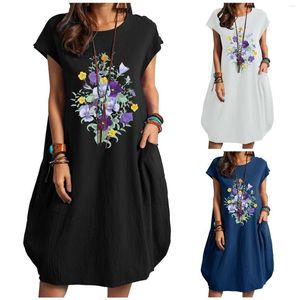 Casual Kleider Hohe Qualität Kleid Schöne Frauen Lose Blumen Druck Große Größe Baumwolle Leinen Tasche Kleidung Vestidos Mujer 2023