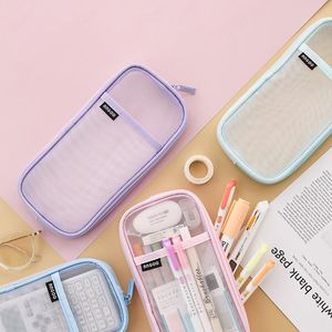Blyertspåsar Transparent Mesh Case Nylon Portable Pen Pouch Bag Stationery Storage Organizer School Office Supply