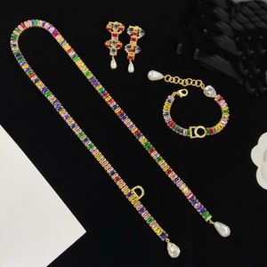 Personality Luxury Designed Necklaces D Letter Crystal Colour Diamonds Pearl Pendants Earring Women's Bracelet Brass Ladies Designer Jewelry HDS2 ---006