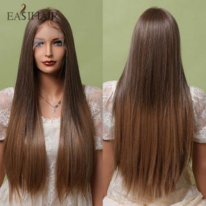 Sentetik peruklar Easihair sarışın karışık kahverengi dantel ön peruklar uzun, düz doğal kadınlar için ipek frontal sentetik peruk ısıya dayanıklı 230227