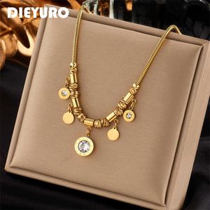 Pendant Necklaces DIEYURO 316L Stainless Steel Round Roman Numeral Zircon Pendant Necklace For Women Vintage Ethnic Ladies Chain Jewelry Gifts Z0321