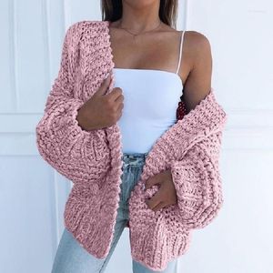 Kvinnors stickor kvinnor rosa cardigan öppen söm lös stickad tröja avslappnad outwear solid lång v-hals höst