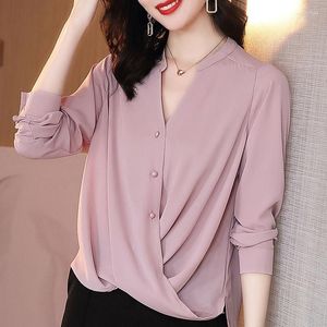 Blusas femininas xej blusa de chiffon sexy para mulheres primavera 2023 roupas femininas tampas rosa com mangas compridas de camisa de tamanho grande