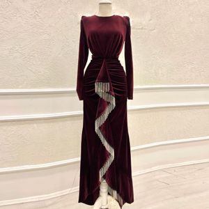 Middle East Arab Prom Dresses For Women Velvet Pleat Full Sleeve Formal Party Gowns Tassel Front Split Robe De Soiree