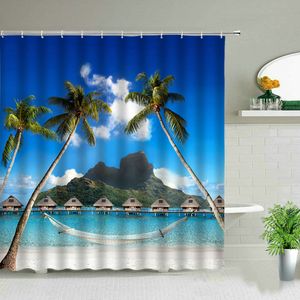 Shower Curtains Landscape Shower Curtains Sea Palm Tree Beach Ocean Green Leaves Scenery Printed Bath Screen Bathroom Curtain Set With Hooks 230322