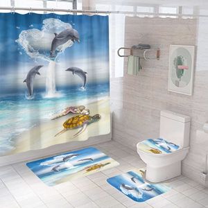 Shower Curtains Dolphin Print Shower Curtain Modern Marine Life Bath Curtain High Quality Carpet Toilet Rugs Waterproof Bath Mat Set Bathroom 230322