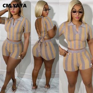 Women's Tracksuits CM.YAYA Striped Women's Set Turn-down Collar Short Sleeve Backless T-shirt and Shorts Suit 2023 Two 2 Piece Set Outfit Tracksuit P230320