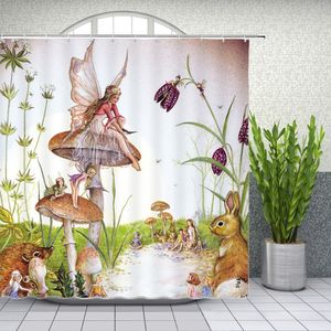 Shower Curtains Cartoons Shower Curtains Flower Fairy Beautiful Wing Girl Elves Animal Rabbit Bathroom Decor Home Bathtub Waterproof Polyester 230322