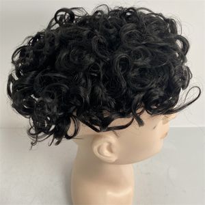 Brasiliansk jungfrulig mänsklig hårbyte #1b svart färg 130% densitet 8x10 Toupee 19mm curl full spetsenhet för svarta män