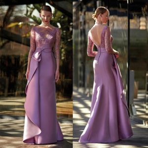 Charming Lace Mother Of The Bride Dresses Mermaid Backless Wedding Guest Dress Long Sleeves Bateau Neckline Floor Length Satin Evening Gowns 407