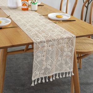 Table Runner Cotton Crochet Lace Table Runner Woven Hollow With Tassels Beige Tablecloth Bohemian Wedding Home Dining Table Party Decoration 230322