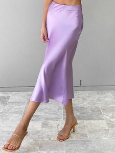 Kjolar vilar avslappnade kvinnor hög midja lång kjol lila satin kontor damer eleganta kjolar solid silk midi kjol vår sommaren 230322