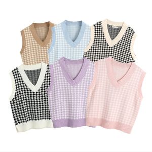 Kadın Yelekler İlkbahar ve Sonbahar Kadınların Houndsstooth Yelek Örme Kazak Moda V-Neck Plaid Sleapel Baskılı Ceket Sıradan Alt 230322