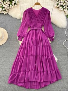 Party Dresses Spring Autumn Vintage Women Draped Long Dress Red/Purple/Orange V-Neck Lantern Sleeve High Waist Ruffle Maxi Robe Female New Y2303