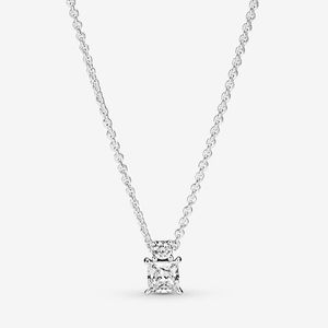 Sparkling Round and Square Pendant Necklace for Pandora 925 Sterling Silver Wedding designer Jewelry For Women Girlfriend CZ Diamond Necklaces with Original Box