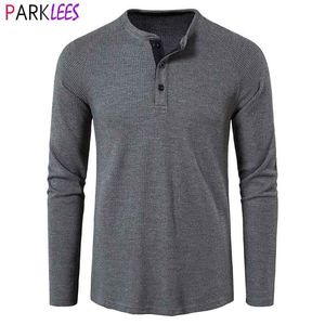 Men's Tracksuits Classic Waffle Henley Tshirt Men Brand Crew Neck Long Sleeve Slim Fit Tee Shirt Homme Casual Heavy Weight T Shirts Male 230322