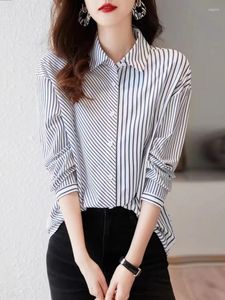 Women's Blouses Blue White Vertical Striped Shirts Women Casual 2023 Feminine Clothes For Spring Long Sleeve Turn Collar Ladies Tops