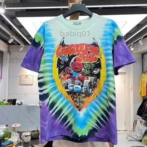 Men's T-Shirts Water wash tie-dye lettering space bear print round-necked short-sleeved T-shirt man T230321