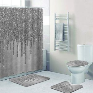 Shower Curtains Trendy Grey Silver Faux Metallic Ice Sparkle Drip Bathroom Shower Curtain Set for Bathroom Glitter Drizzle Bath Rugs Home Decor 230322