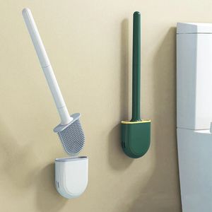 Cleaning Brushes Breathable Toilet Brush Water Leak Proof with Base Silicone Wc Flat Head Flexible Soft Bristles Brush with Quick Drying Holder