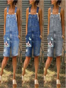 Summer Denim Short Jumpsuits Women Casual Floral Print Spaghetti Strap Playsuit Female Pockets Vintage Jeans Shorts Ladies