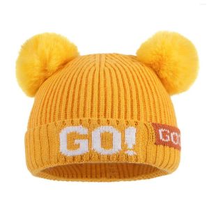 BERETS Kid Letter Knitted Wool Beanie Hat Children 's Double Fluffy Ball Cap 2-6 세 소년 소녀
