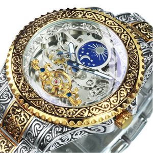 Otomatik Tourbillon Erkekler İçin İzle Mekanik İskelet Erkekleri En İyi Marka Lüks Graved Vintage Moon Faz Çelik