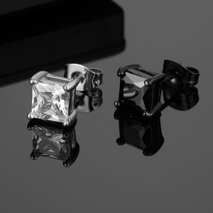 Rock Square 4 Prong Black White Zirconia Stud Earrings For Men Stainless Steel Earrings Iced Out Hip Hop Jewelry