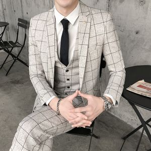 Erkekler Suits Blazers Ceket Yelek Pantolon Erkek Damat Gelinlik Ekose resmi takım elbise Set Erkekler Moda Gündelik İş İnce Takım Üç Parçalı 230322