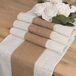 Bordslöpare Burlap Table Runner Jute Stitching Farmhouse Table Runners For Home Dining Room Country Vintage Wedding Banket Decoration 230322