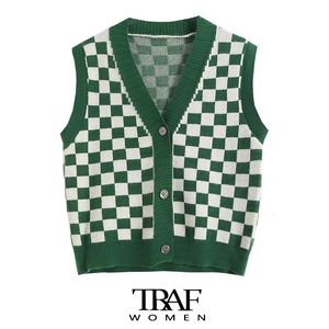 Women's Vests TRAF Women Fashion Green Plaid Knitted Vest Sweater Vintage Sleeveless Button-up Female Waistcoat Chic Tops 230322