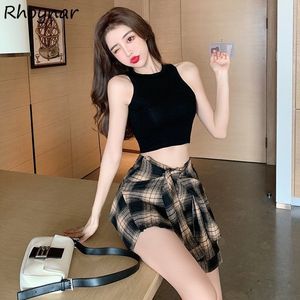 Women's Two Piece Pant Sets Plaid Casual Patchwork Slim Korean Style Vintage Sleeveless Sexy Simple Students Fashion Streetwear Female 230322