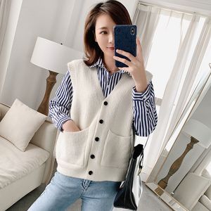Women's Vests Spring Autumn Women Button V-Neck Knitted Sweaters Sleeveless Vintage Pockets Sweater Vest Female Loose Solid Cloth B91 230322