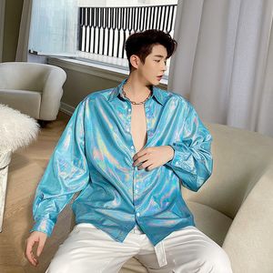 Mäns casual skjortor holografiska regnbågens färg som lyser långärmad skjorta män mode nattklubb dj sångare prestationssteg kostym harajuku 230322