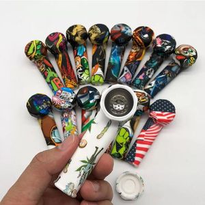 Mix Color Silicone Smoking Pipes Tobacco Rubber Smok Accessories Cigarette Holder Portable Cartoon Printed Pipe Tube with lid