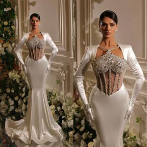 Elegant Satin Mermaid Wedding Dress Luxury Crystal Beading V Neck Long Sleeve Bridal Gowns Bride Dresses