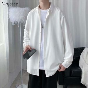 Men's Casual Shirts Autumn White Shirts Men Long Sleeve Draped Satin Tops Classic Solid Turn Down Collar Shirt Homme S-3XL Loose Streetwear Harajuku 230322