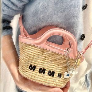 Дизайнерская корзина сумка розовая кожаная ручка сумки по кроссовым мешкам летние соломенные сумочки женская кроссовая сумка для плеча с коробкой с коробкой с коробкой