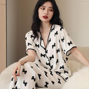 Women's Two Piece Pants Long Sleeve Silk Pajamas For Womens Set Sexy V-Neck Bow Print Sleepwear Suit Spring Nightdress Female Nightwear