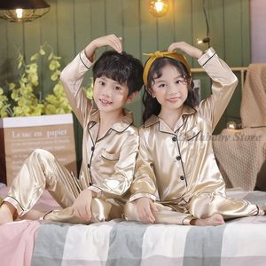 Pyjamas Champagne Gold Satin Silk Set For Kids Boys Pyjamas Baby Girl Sleepweear Spring Autumn Longshort Sleeve Nightwear 314Y 230322