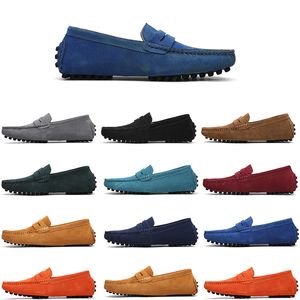 Högkvalitativa icke-varumärken män Casual Suede Shoe Mens Slip on Lazy Leather Shoe 38-45 Dark Navy