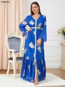 Etniska kläder muslimska abaya klänning Dubai -knappband trim bälte kaftan split hem lång klänning tryck höst kalkon arabisk oman marockansk kaftan 230322