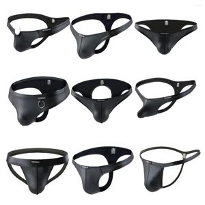 Underpants Sexy Men Black Faux Leather Underwear Mini Briefs Thong G-String Male Elastic Underpant Gay Metal Ring Lingerie Calzoncillo