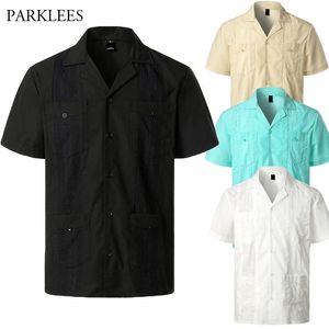 Men's Casual Shirts Revere Collar Cuban Guayabera Shirt Men Short Sleeve Casual Button Down Embroidery Mens Shirts Soft Breathable Solid Color Shirt 230322