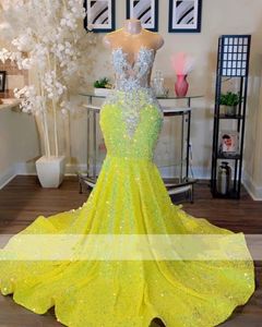 Yellow Sparkly Mermaid Prom Dresses 2024 Black Girls Crystals Plus Size Birthday Party Formal Evening Ocn Gowns Robe De Bal