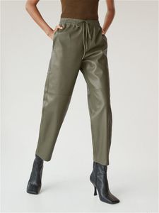 Pantaloni da donna con coulisse in vita elastica Harem Verde Pu Pelle Pantaloni casual in tinta unita con tasche per la moda 230322